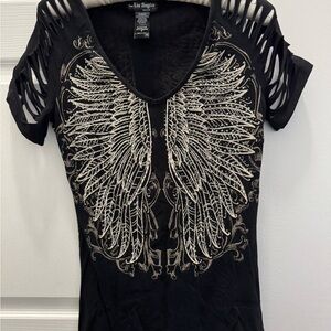 Los Angeles Bus Stop rhinestone angel wing top with cut out sleeves